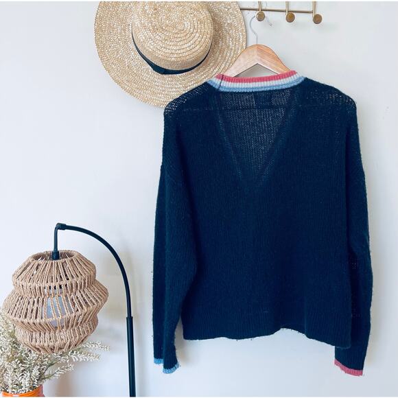 Sundry Contrast Stripe Cardigan Tennis Varsity Preppy Navy Wool Cashmere - Picture 5 of 7